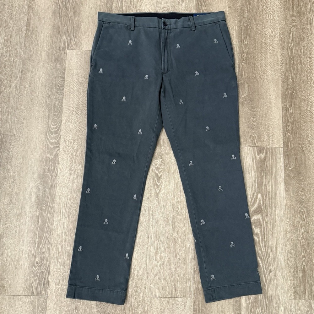 Polo Ralph Lauren Slim Fit Chino Pants Skulls All Over Print Men's 35x29 Grey - Picture 2 of 6